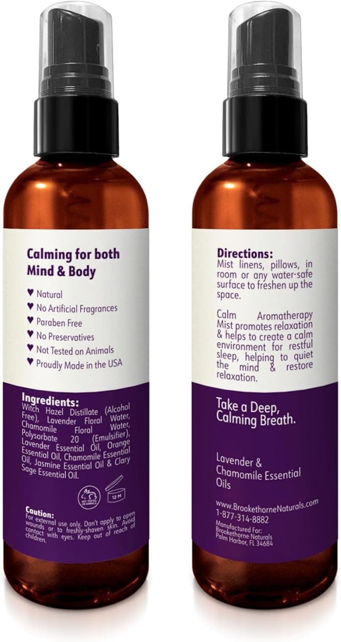 Calm Aromatherapy Mist with Lavender & Chamomile Essential Oil. Natural Sleep & Pillow Spray, Room & Linen Mist. Lavender Spray Air Freshener for Relaxation & Sleep - Brookethorne Naturals