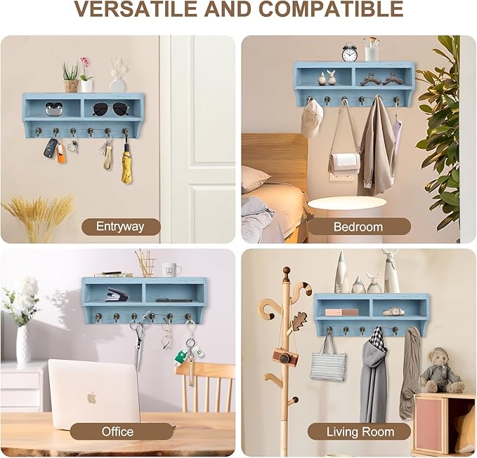 Key Holder Wall Mount - Mail Organizer Wall Mount with 6 Key Hooks and Storage Box for Sunglasses Storage and Dog Leash Holder Home Decor Rack Apartment Farmhouse Shelf Entryway Organizer (Blue)