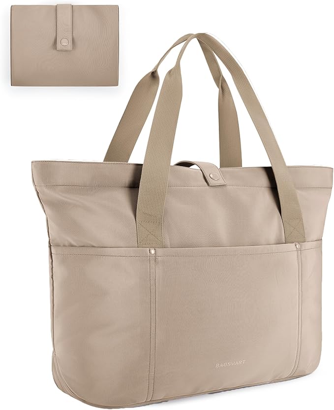 BAGSMART Tote Bag for Women, Foldable Tote Bag With Zipper Travel Large Shoulder Bag Handbag for Work-16.5''L x 6''W x 14''H