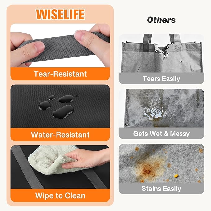 WISELIFE Reusable Grocery Bags with Handles - 10 Pack, 35L Large Shopping Bags for Groceries, Water-Resistant & Foldable Grocery Totes for Lasting Use for Kitchen, Market, Car Trunk, Picnic (Black)