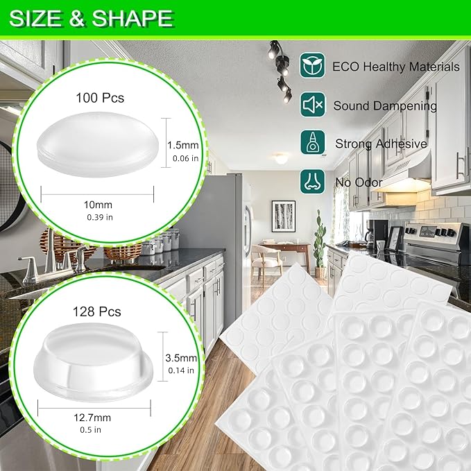 Cabinet Bumpers Soft Self-Adhesive Clear Rubber Bumper- Cabinet Door Dots Clear Stoppers Furniture Noise Reducing Silicone Rubber Pads Extremely Durable(228Pcs)