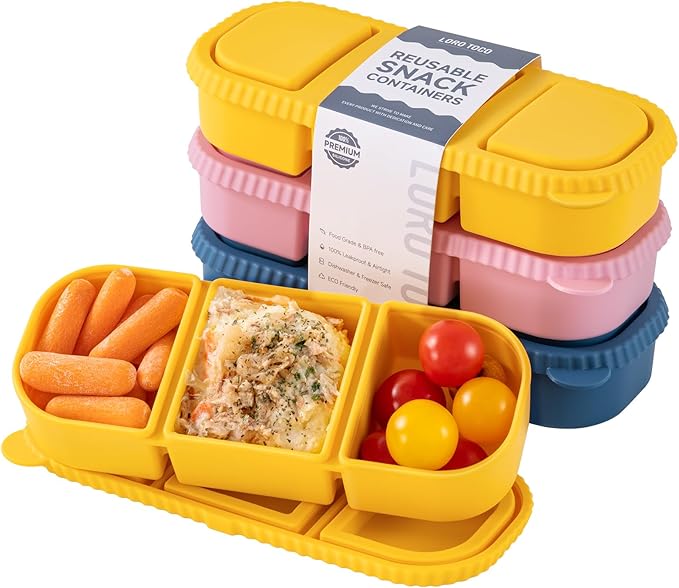 3 Pack Silicone Reusable Snack Containers with Lids - 3 Compartment Snackle Box for Kids & Adults, BPA-Free & Leakproof, Small for Dressing, Sauces, School, Office, Picnic (Blue, yellow, pink)