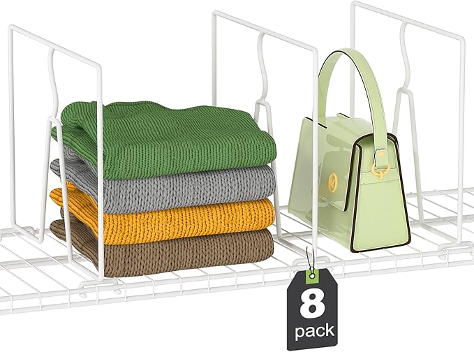 Wire Shelf Dividers for Closet: Tall 8 Pack 12-inch Deep Wire Rack Accessories - Adjustable Purse Organizer for Clothes Handbags - Metal Pantry Separators