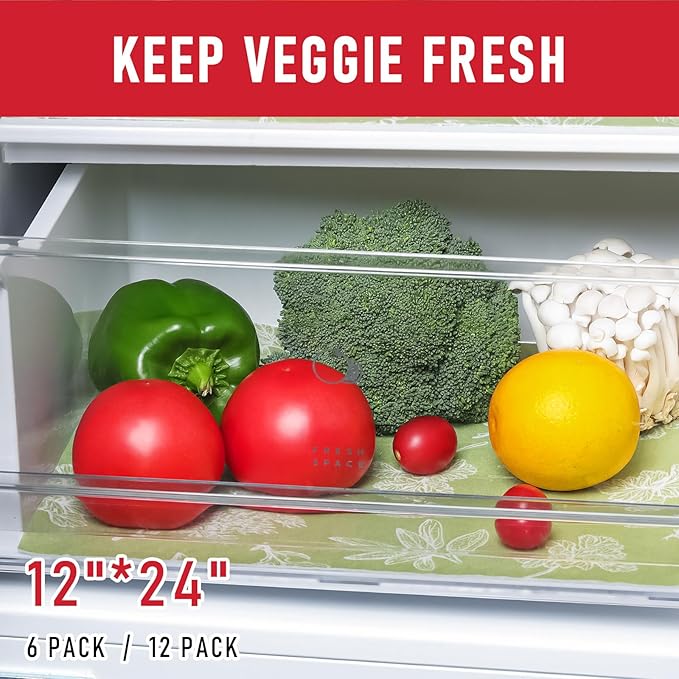 Cooyes Shelf Liner for Refrigerator & Drawer, Non-Adhesive Cabinets Liner for Kitchen Cupboard & Fridge, Breathable Cloth Material, Vegetable-Patterned, 6 Pack 12“ × 24”, Sage Green
