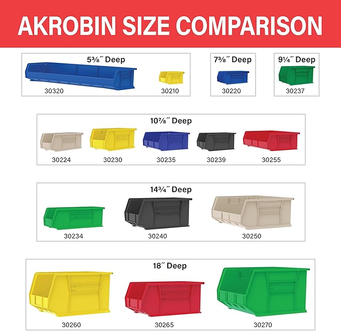 Akro-Mils 30239 AkroBins Plastic Storage Bins, Space-Saving Stackable Bins for Garage, Pantry, Craft Organization, 11-" x 8-" x 7-", Clear, 6-Pack
