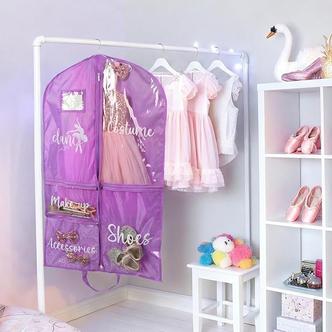 DEEKA Dance Garment Bag for Hanging Clothes with Zipper Pockets Dance Accessories Essentials Uniform Costume 40 Inch Dress Bags for Dance Competition Girls (Purple, White-Dance)