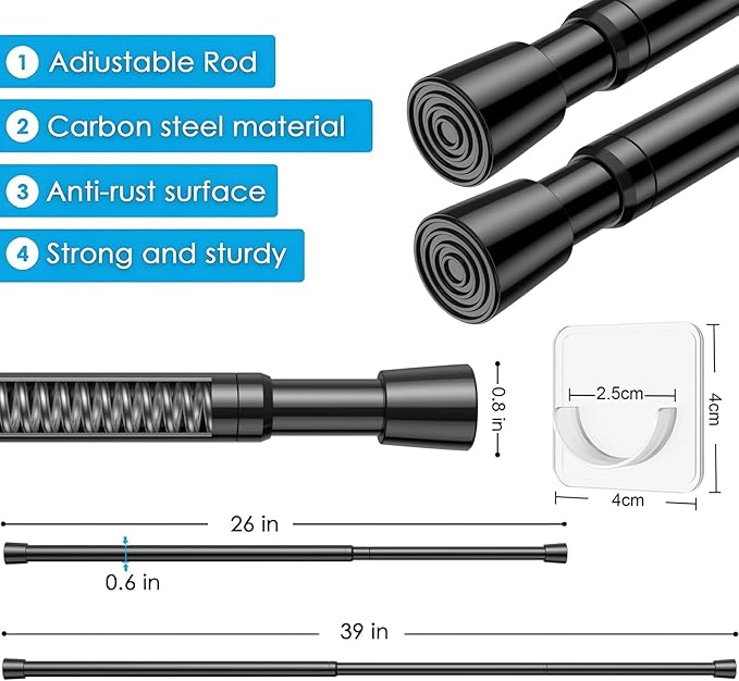 1Pack Spring Tension Curtain Rod 26-39 inch Black Adjustable Spring Rod Extendable Tension Rod For Kitchen, Bathroom, Window, Bookshelf, Closet