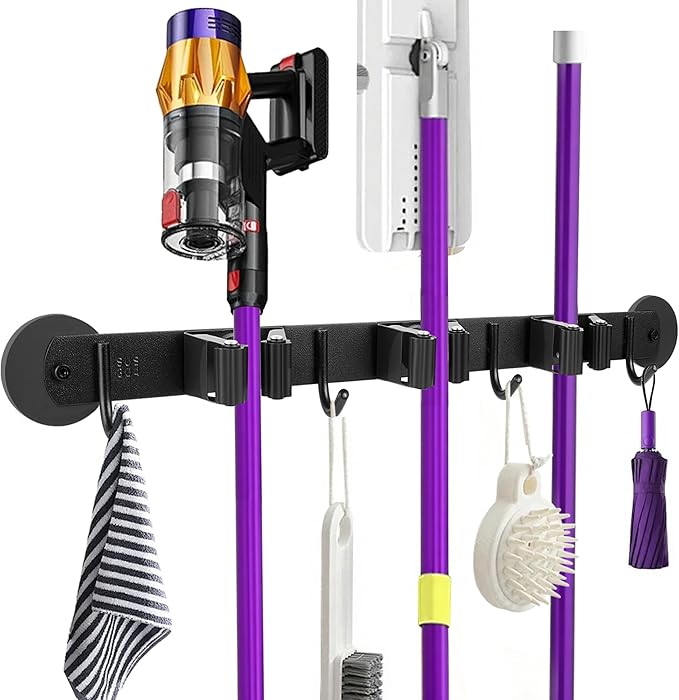 Magnetic Broom Holder Wall Mount - Heavy Duty Non-Slip Mop Hanger with 4 Hooks And 3 Rack, No Drill Tool Organizer for Refrigerator,Garage,Laundry Room (Black, 3Racks 4Hooks)