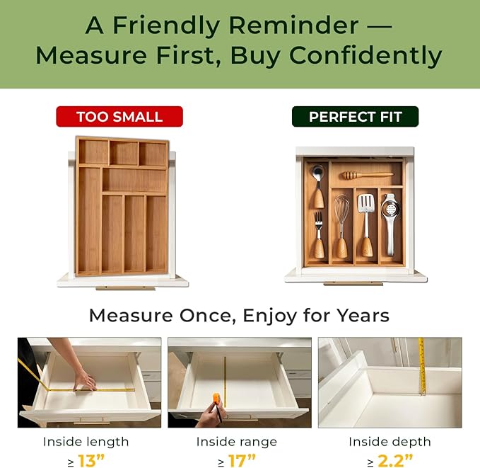 keechee Carbonized Bamboo Kitchen Drawer Organizer, 8 Slots Silverware Organizer, Utensil Holder & Cutlery Tray, 2.2" Deep for Extra Capacity, Non-Slip Feet Included