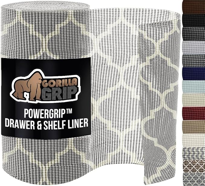 GORILLA GRIP powerGRIP Drawer Shelf and Cabinet Liner, Thick Strong Hold, Non-Adhesive Liners Protect Kitchen Cabinets and Cupboard, Bathroom Drawers, Easy Install, Breathable Mat, 17.5" x20', Gray