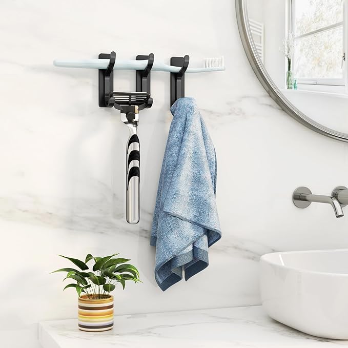 pickpiff Adhesive Wall Coat Hooks - Heavy Duty Stick-On Door Hanger, Metal Hook for Hanging Towel, Purse, Robe, Backpack, Jacket, Clothes - for Bathroom, Dorm, Closet, Kitchen - Black, 4 Pack