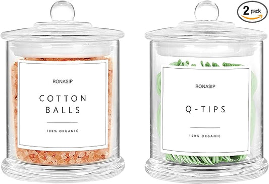 Qtip Holder & Cotton Pad Dispenser, Bathroom Organizer and Storage Canisters, 16oz Glass Apothecary Jars for Kitchen, Restroom - Home Decor, Room Decor Aesthetic (2 Pack, Transparent)