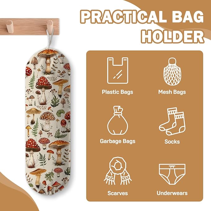 Plastic Bag Holder, Grocery Bag Organizer Storage, Kitchen Dispenser Holders Reusable Shopping with Adjustable Drawstring Closure for Kitchen Farmhouse Decor, Mushroom