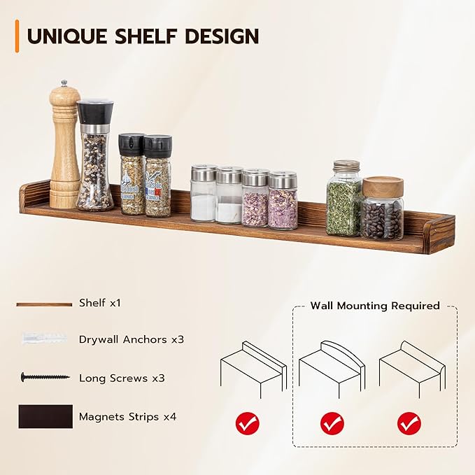 Fun Memories Stove Top Shelf, 30" Magnetic Shelf for Kitchen Stove, Pine Wood Stove Shelves, Wall Mounted Shelves for Home Storage Organization, Heat and Pressure Resistant, 1pcs, Dark Brown
