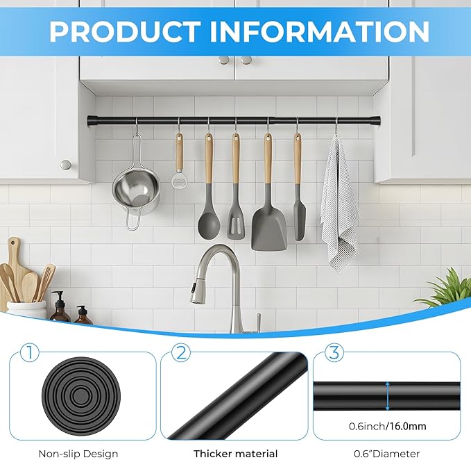 2 Pack Spring Loaded Tension Rod 17-41" Adjustable Curtain Rods No Drill Extendable Spring Rod Tension Curtain Rods For Window Kitchen Shelves Rv Refrigerator And Small Spaces,Black
