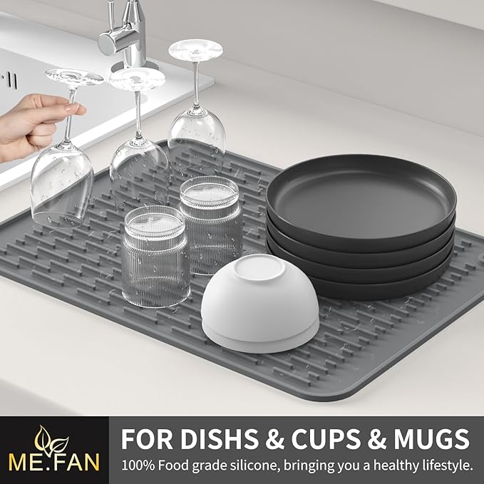 ME.FAN Silicone Dish Drying Mat for Kitchen Counter, Dish Drying Pad for Sink, Refrigerator or Drawer, Countertop Protection Pad S - 12'' x 8'' - Grey