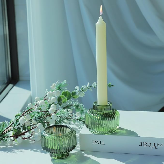 Woho Candlestick Holders Set of 4 for Taper Candles/Tea Lights, Green Ribbed Candle Sticks Holder Decor for Table Centerpiece, Reversible Taper Candle Holders Glass for Christmas Home Decoration