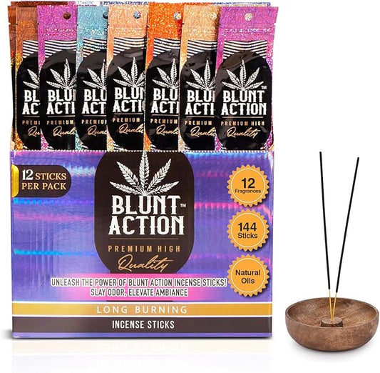 Tulasi Blunt Action Incense Sticks, 12 Packs, 144Pc, Long Lasting Fragrance, Natural Essential Oils Hand Rolled Incense Sticks for Aromatherapy, Relaxing, Yoga, Meditation, Prayer, Thanks Giving