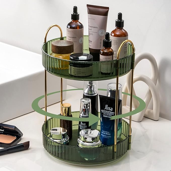 Rotating Makeup Organizer for Vanity, High-Capacity Skincare Makeup Storage Perfume Organizers Cosmetic Dresser Organizer Countertop 360 Spinning (Green, 3 Tier)