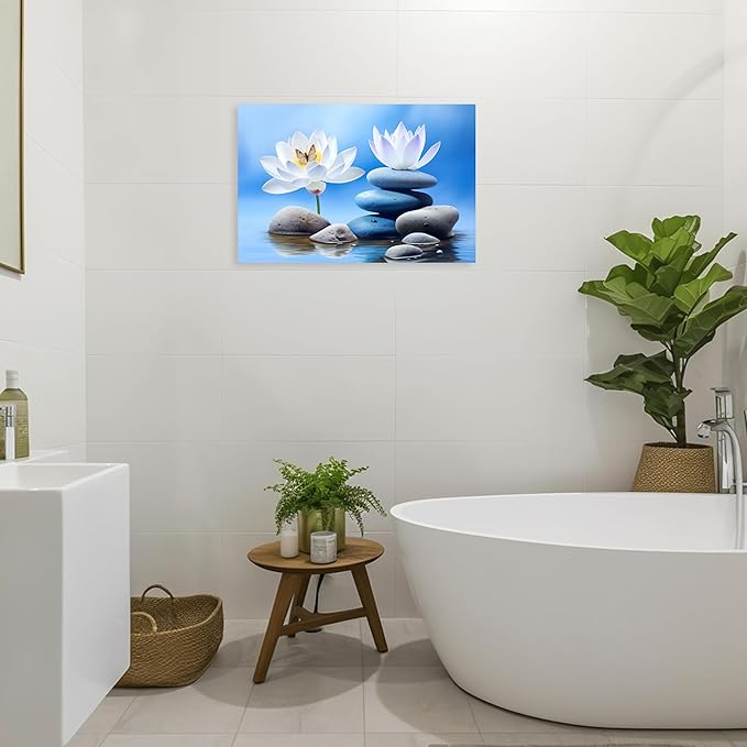 ARTZGX Zen Canvas Wall Art for Bathroom Lotus Pictures Blue Spa Stone Painting Butterfly Flower Artwork for Yoga Decor Frame(Zen - B 16.00" x 24.00")