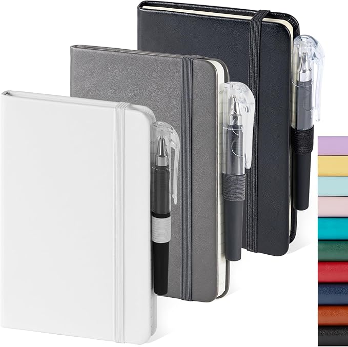 Small Notebook Pocket Size Journal 3.7" x 5.7", 3 Pack, (White, Grey, Black), 408 Pages, A6 Mini Notepad with Pen, Small Leather Note Book, 100GSM Lined paper, Hardcover