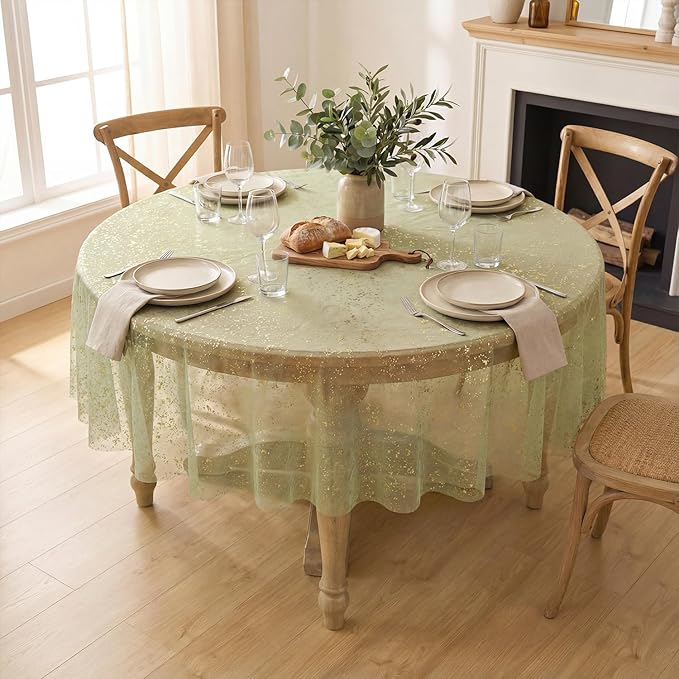 Horaldaily Sage Green Gauze Tablecloth 60x60 Inch Round, Golden Sequin Glitter Metallic Foil, Sheer Tulle Cheesecloth for Wedding Baby Shower Ceremony Birthday
