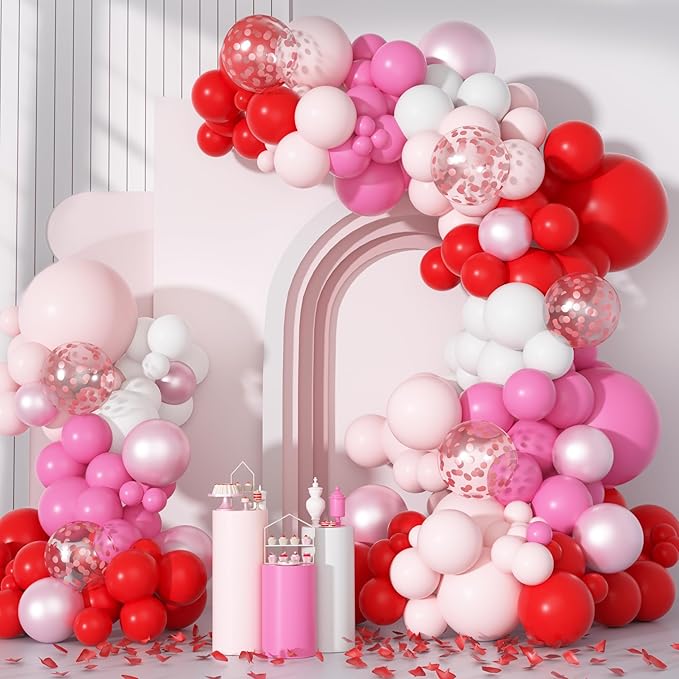Ouddy Party Red and Pink Balloons Arch Garland Kit, Different Sizes 18 12 10 5 Inch Rose Red Latex Confetti Red and Pink Balloon for Birthday Wedding Engagement Party Decorations