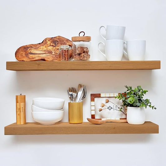 Homeforia 30 inch Golden Oak Floating Shelf, High End Solid Real Wood 30inch Small Floating Shelves for Wall Mounted, Oak Wooden 30in Floating Shelves, Heavy Duty Bracket, 30 X 6.5 X 1.75 in, Set of 3