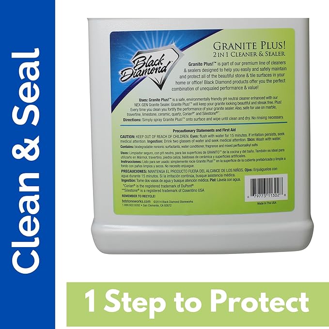 Black Diamond Stoneworks Granite Plus 2-in-1 Cleaner & Sealer, pH Neutral, Streak-Free Stone Cleaner for Granite, Marble, Quartz, Travertine & Limestone Countertops, Ready to Use (1-Gallon)