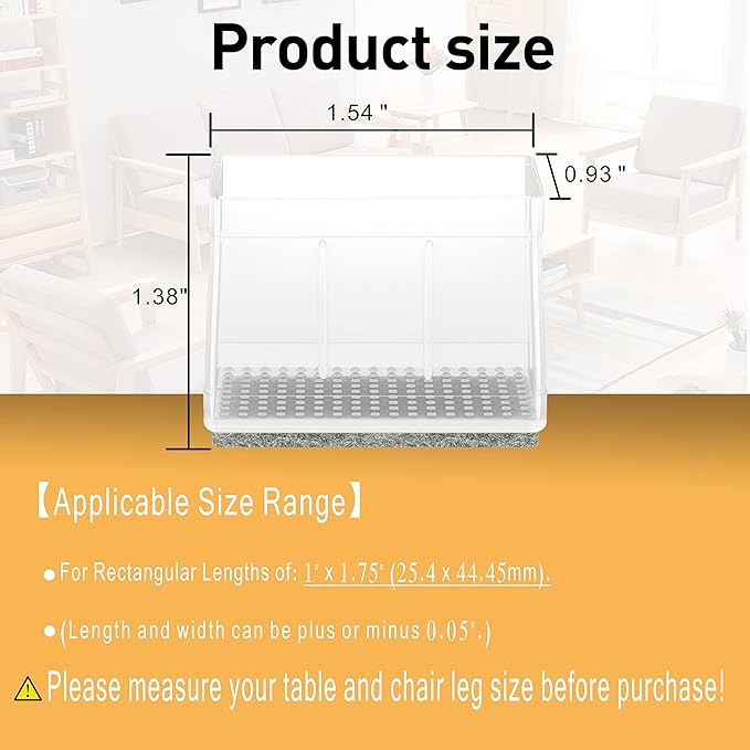 1" x 1 3/4" Rectangle Chair Leg Protectors for Hardwood Floors, Silicone Covers to Protect Wood Tile Floors, Felt Pads Furniture Leg Caps Reduce Noise, Easy to Move, 16 PCS Clear.