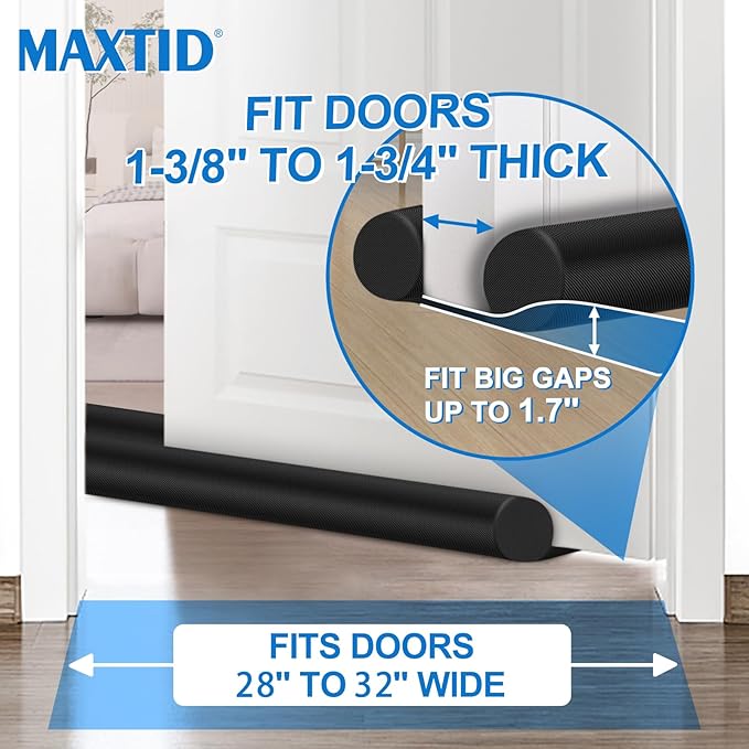 Door Draft Blocker 32 Inches Door Sweep for Interior Doors Wind Blocker Door Bottom Seal Weather Stripping Black Door Draft Stoppers for Bottom of Door 32 Inch Block Cold Air Noise Smoke Stopper