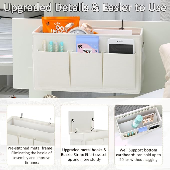 Dual-purpose Bedside Caddy Bedside Organizer, Bed Caddy with 6 Pockets, Versatile Bedside Storage Solution Magazine Remotes holder, ideal for Home, Dorm, Hospital, Crib Bed (White)