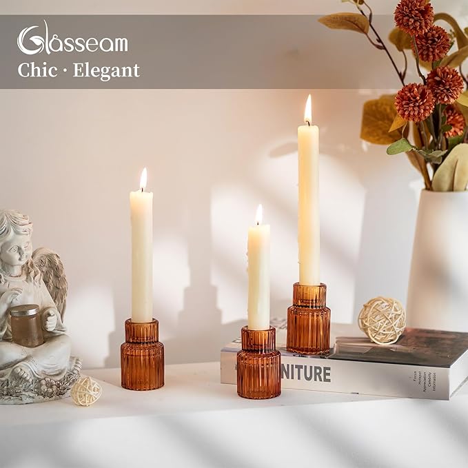 Glasseam Glass Candle Holders for Candlesticks: 10PCS Small Amber Candle Stick Holder Decor Ribbed Taper Candle Holder for Table Centerpiece Fall Candle Holders for Christmas Halloween Thanksgiving