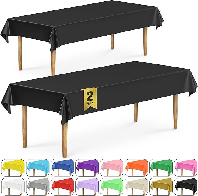 DecorRack 2 Rectangular Tablecloths BPA-Free Plastic, 54 x 108 inch, Dining Table Cloth, Rectangle Table Cover for Parties, Picnic, Camping and Outdoor, Disposable or Reusable, Black (2 Pack)