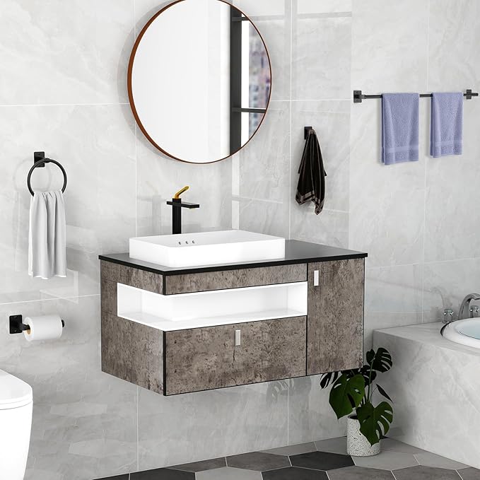 KLJKPA 4 Pieces Bathroom Hardware Set, 32 inch Towel Bar, Matte Black Bathroom Accessories Set, Towel Racks for Bathroom, Robe Towel Hooks, Toilet Paper Holder Wall Mounted