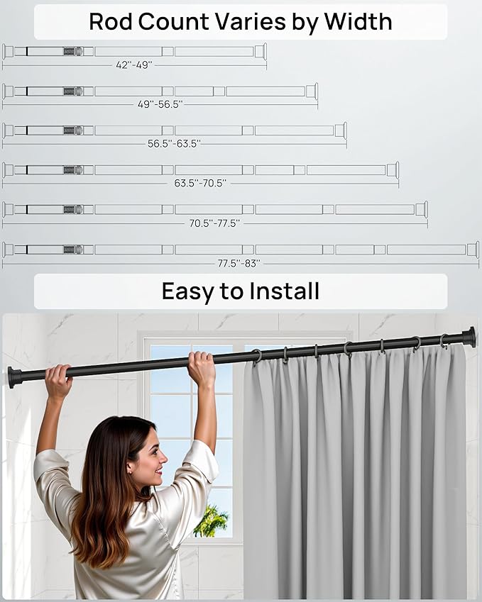ALLZONE Heavy Duty Tension Shower Curtain Rod 42-83 Inches for Bathroom, Window, Non-Slip, Adjustable with Strong Spring Pole for Closet, Doorway, No Rust, No Drilling, Black