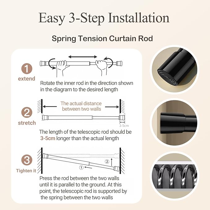 Spring Tension Curtain Rods Small Tension Rod Adjustable Curtain Rod No Drilling for Window (Black, 18" to 28"-2Pack)