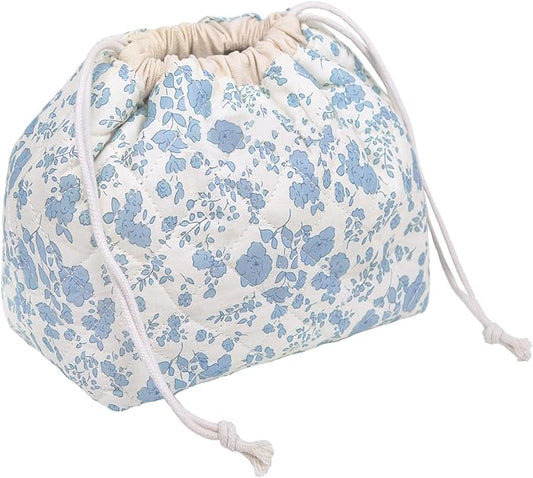 Gosect Large Makeup Bag, Cute Drawstring Cosmetic Bag with Canvas Lining, Floral Coquette Aesthetic Toiletry Bag, Travel Make Up Organizer Bag for Women and Girl (Blue Flower)