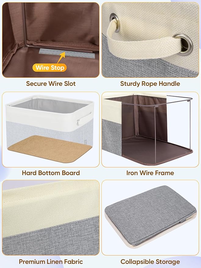 BALEINE 4 Pack Fabric Storage Bins for Shelves, Linen Storage Baskets for Organizing, Decorative Closet Bins for Clothes, Home (Grey, 12"x8"x8")