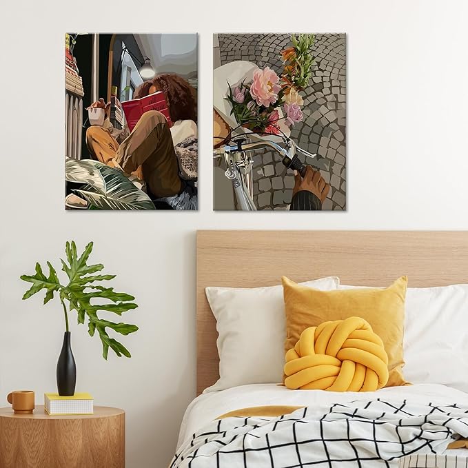 Modern African American Women Wall Art Set of 2,Cozy Reading & Bike Ride with Flowers Painting Canvas Prints,black woman Vintage Aesthetic Poster for Living Room, Bedroom, Office， Framed 12X16in