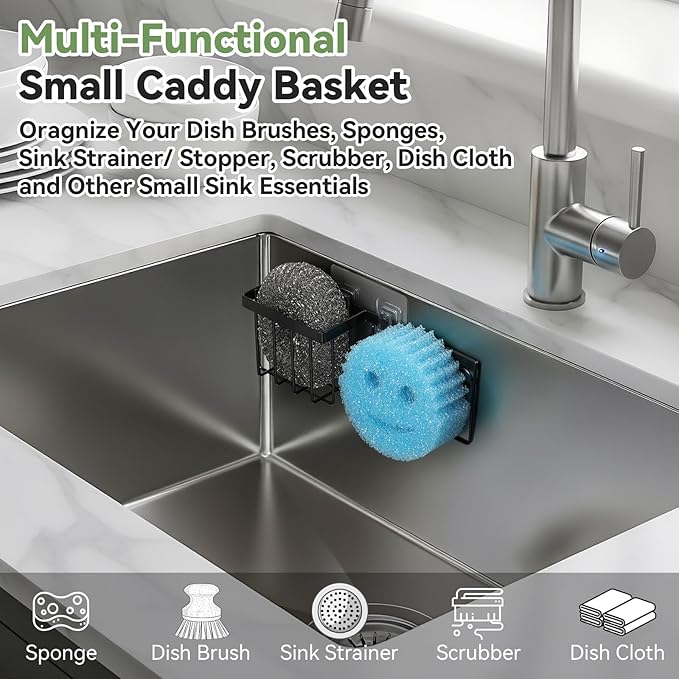 [Slim & Space-saving] Sponge Holder for Kitchen Sink, Sponge Caddy for Scrub Daddy / Scrub Mommy Smiley Face, Sink Organizer Accessories for Dish Brush, Scrubber -with 2 Suction Cups & 1 Adhesive Hook