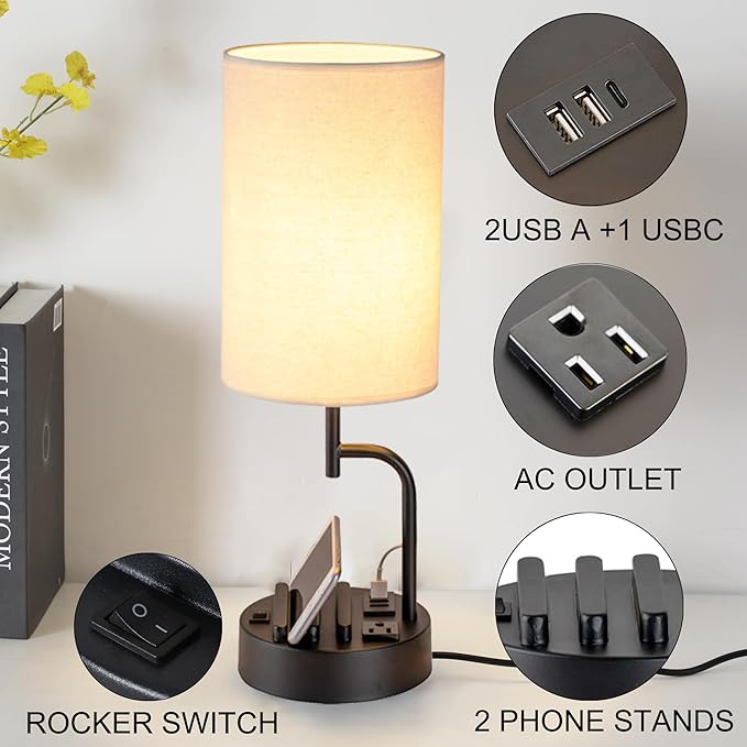Dreamholder Table Lamp with 3 USB Charging Ports, Modern Desk Lamp with AC Outlet and Phone Stands, Perfect Bedside Lamp for Bedroom, Living Room, Office (Pack of 2), Cream