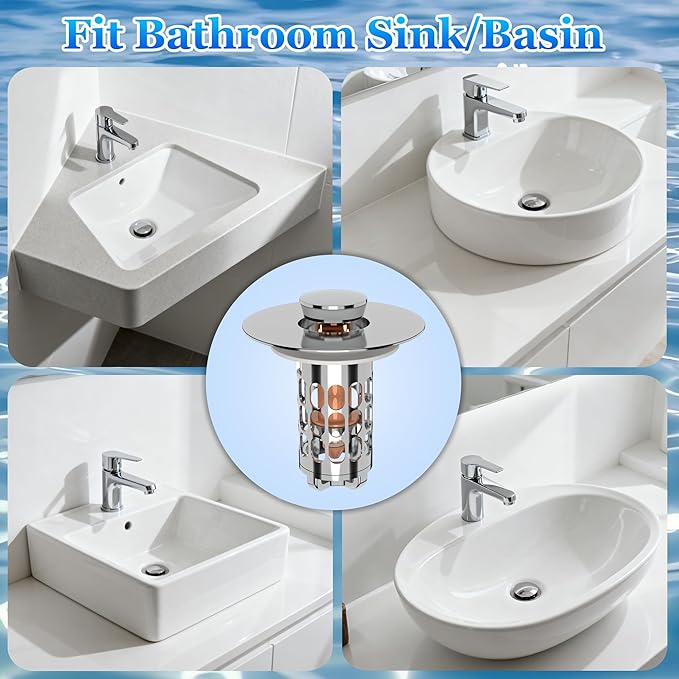 3 in 1 Bathroom Sink Drain Strainer,Universal Pop Up Bathroom Sink Stopper Hair Catcher,with Filter Basket Sealing Ring for Anti-Clogging Odor-Proof,Easy Install Drain Catcher for 1.06”~1.61” Hole