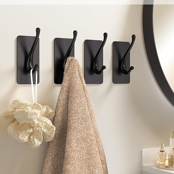 JCHOUS Towel Hooks, Solid Alloy Adhesive Wall Hooks for Hanging, Towel Hooks for Bathroom, RV, Kitchen, Closets, etc (Black, 4 Pack)