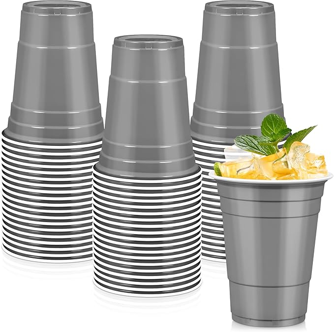 LANLISA 50 Gray Plastic Cups, 16 oz Disposable Cups, Drinking Cups For Party Supplies