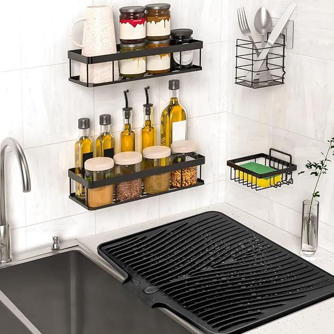 TIKNIK Silicone Dish Drying Mat, Stone Drying Mat for Kitchen Counter with Built-In Drain, Non-Slip Drain Pad with Built-in Drain, Heat Resistant Stone Drying Mat, 1Pcs Black(20" x 15")