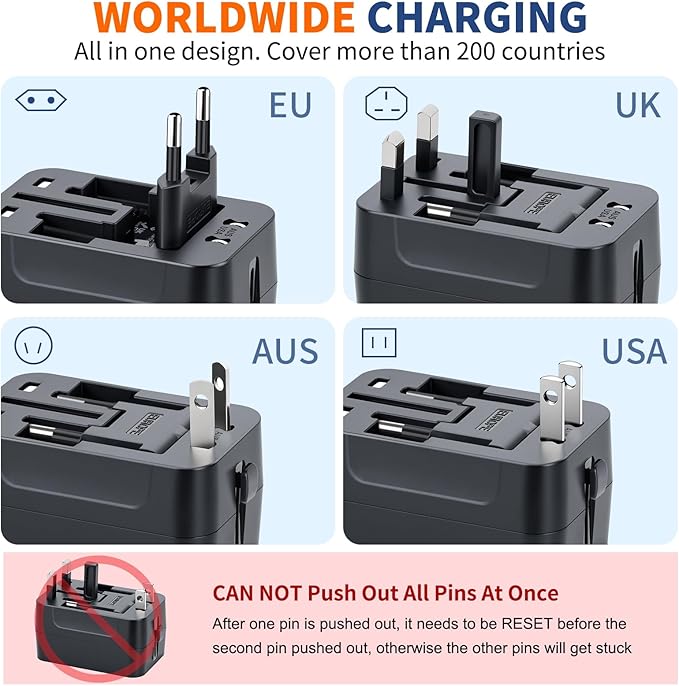 Universal Travel Adapter Fast Charger, All in One Plug Adapter With 2 USB-C PD20W GaN Worldwide Power Adapter International Wall Charger Foldable Plug Converter Travel Essential for Europe UK AUS Asia