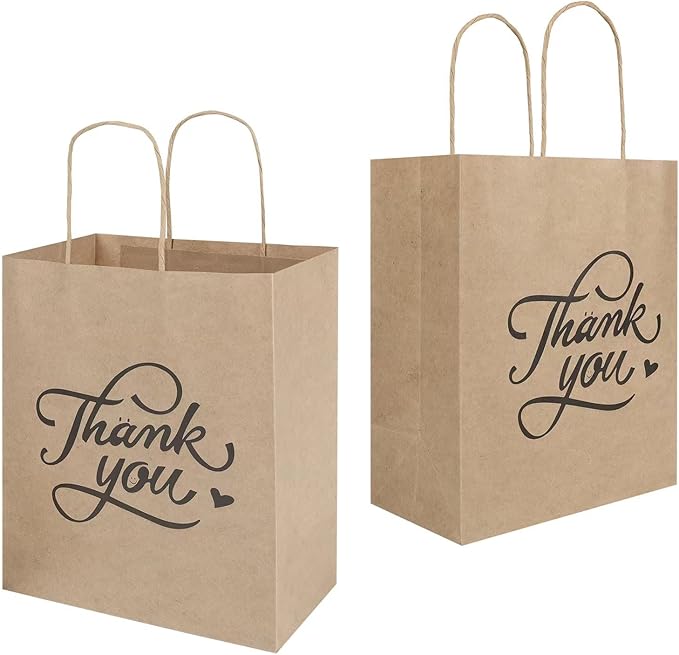 bagmad 100 Pack 8x4.75x10 Inch Medium Brown Paper Gift Bags with Handles Bulk, Thank You Kraft Paper Bags for Party Favors Grocery Retail Shopping Wedding Craft Sacks (Plain Natural, 100pcs Count)