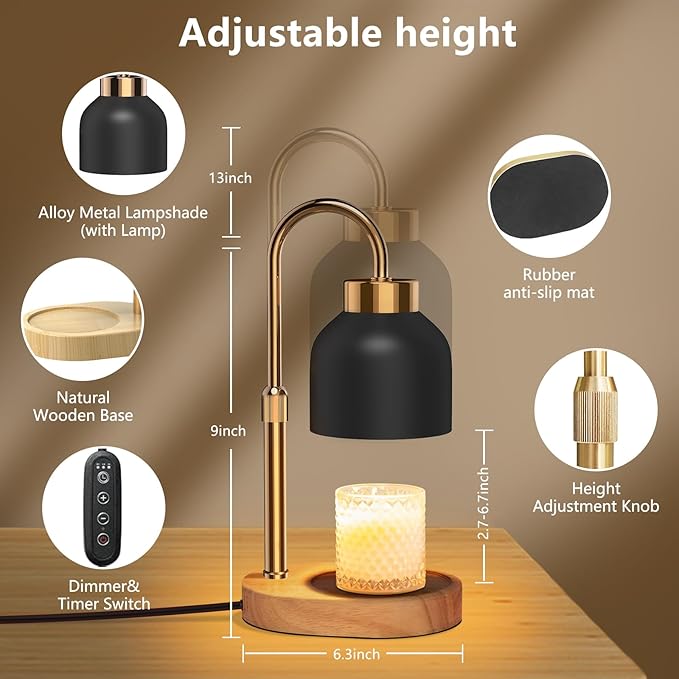 Candle Warmer Lamp with Timer and Dimmer, Height and Brightness Adjustable, Black Electric Wax Warmer for Women Mom, Best Birthday and House Warming Gift New Home Decor
