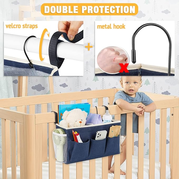 Bedside Caddy Bedside Organizer Bedside Storage Caddy with Fixed Straps and Water Bottle Holder for Home College Dorm Bunk Bed Hospital Bed Crib Bed Rails (2pcs Navy Blue)